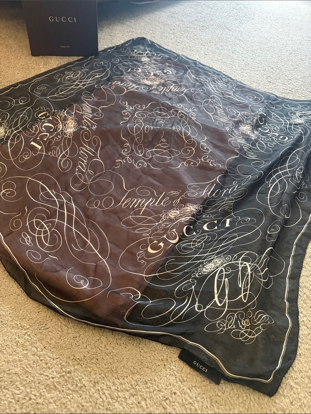 Gucci Black Silk Scarf with Ivory Script Motif
